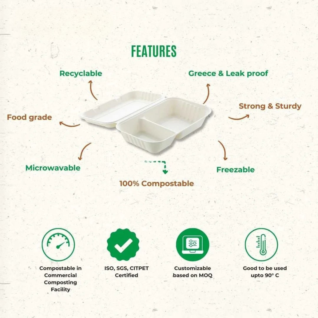 10X6 2 Compartments Clamp.Shell Bagasse